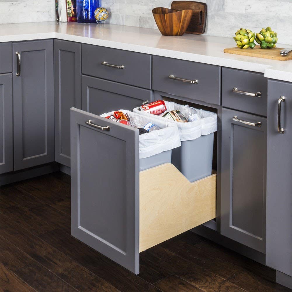 Hardware Resources CDM-WBMD Double Wood Bottom-Mount Soft-Close Trashcan Rollout, Includes 2 Cans