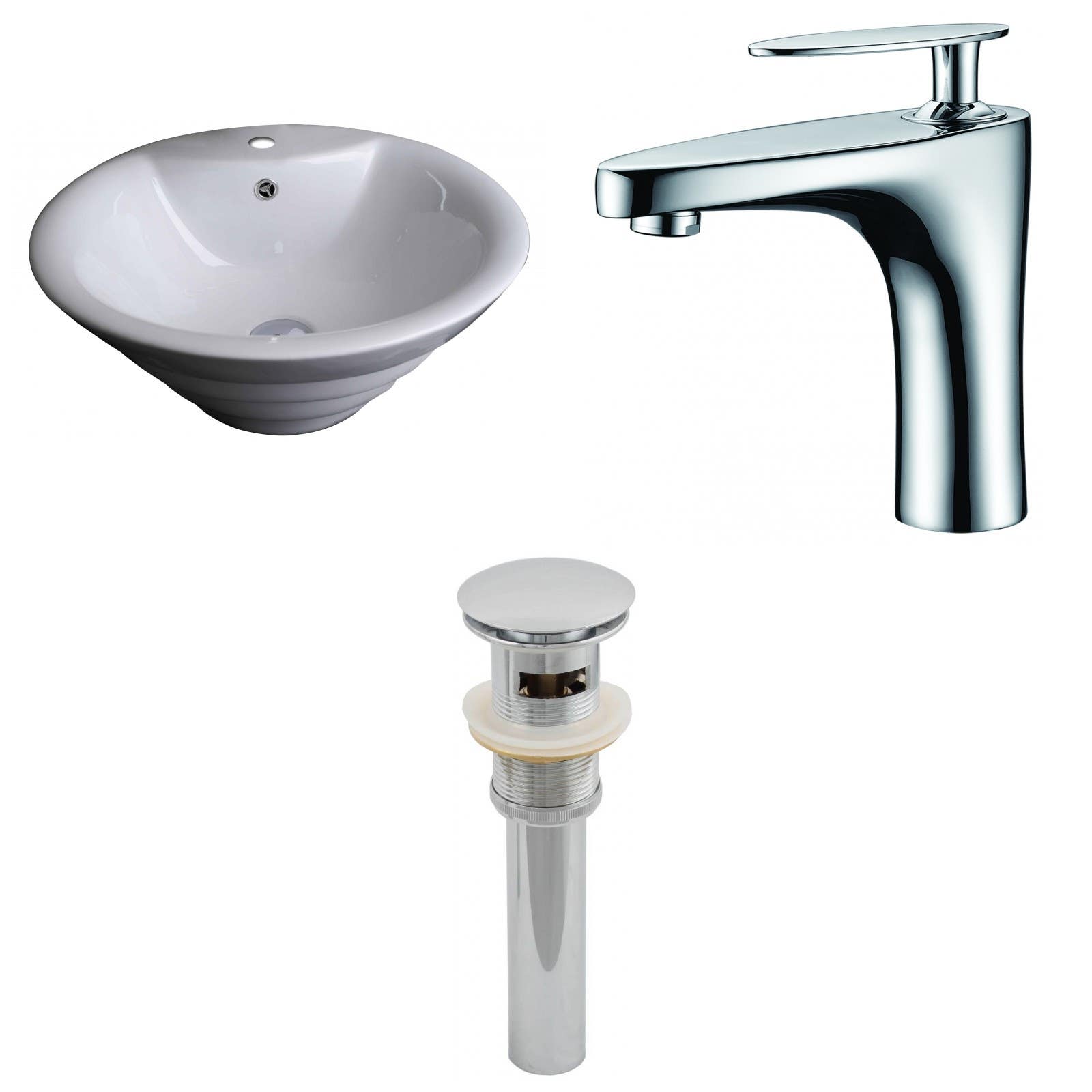 American Imaginations AI-15369 Round Vessel Set In White Color With Single Hole CUPC Faucet And Drain