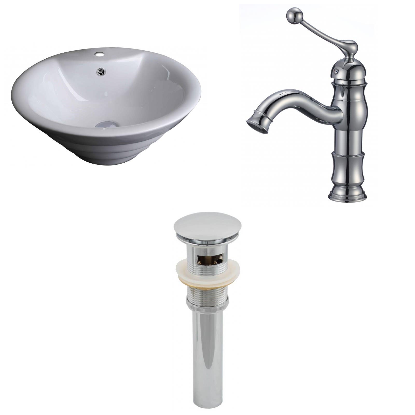 American Imaginations AI-15372 Round Vessel Set In White Color With Single Hole CUPC Faucet And Drain