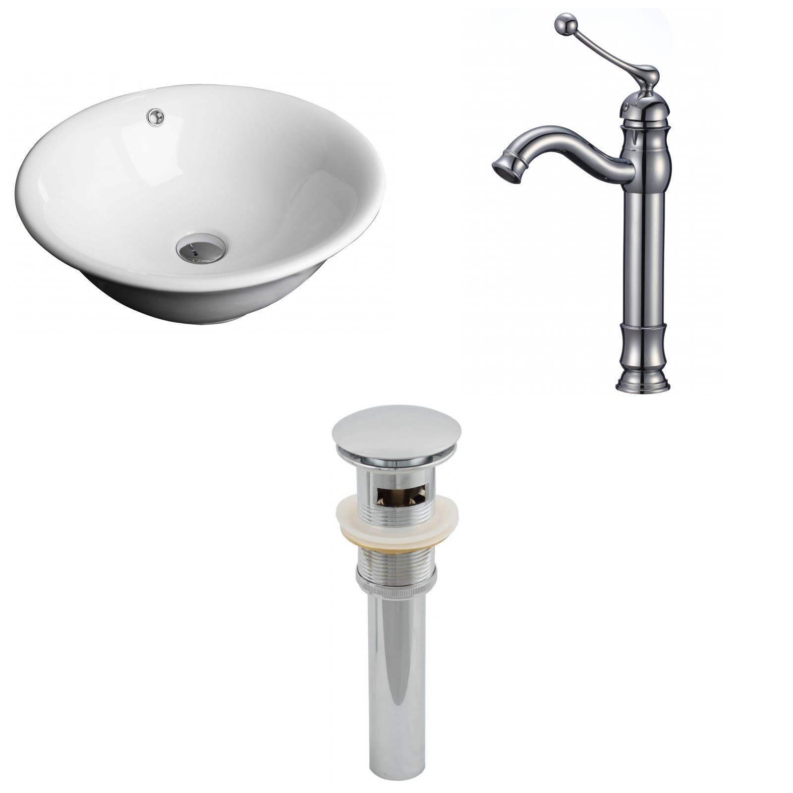 American Imaginations AI-15386 Round Vessel Set In White Color With Deck Mount CUPC Faucet And Drain