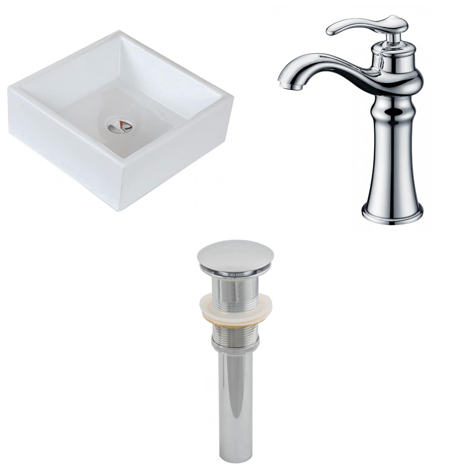 American Imaginations AI-15395 Square Vessel Set In White Color With Deck Mount CUPC Faucet And Drain