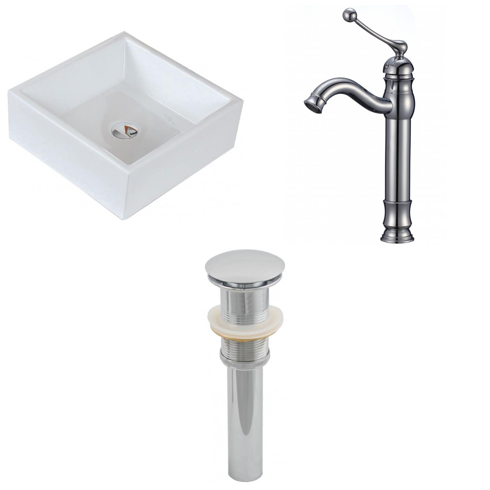 American Imaginations AI-15396 Square Vessel Set In White Color With Deck Mount CUPC Faucet And Drain
