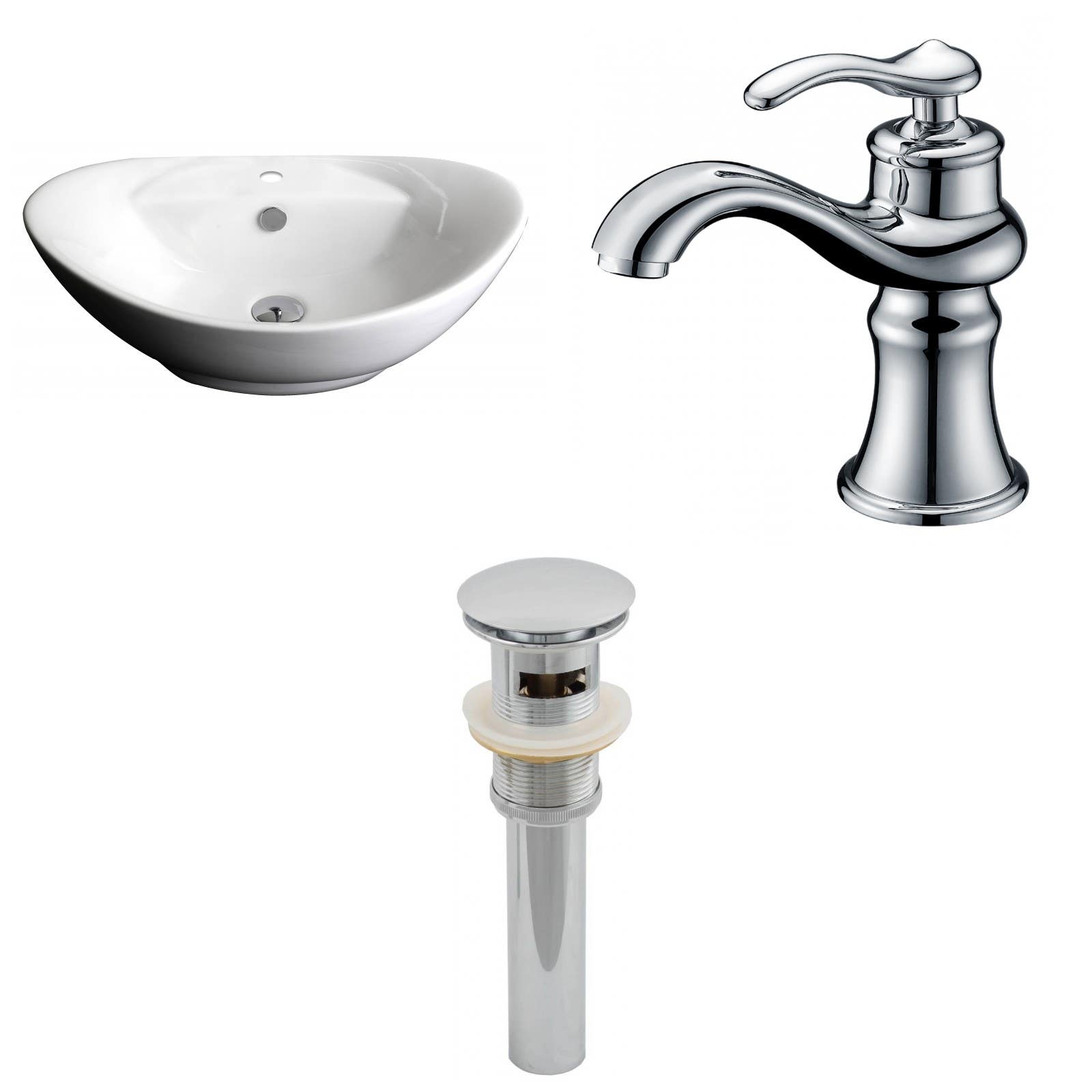 American Imaginations AI-15400 Oval Vessel Set In White Color With Single Hole CUPC Faucet And Drain