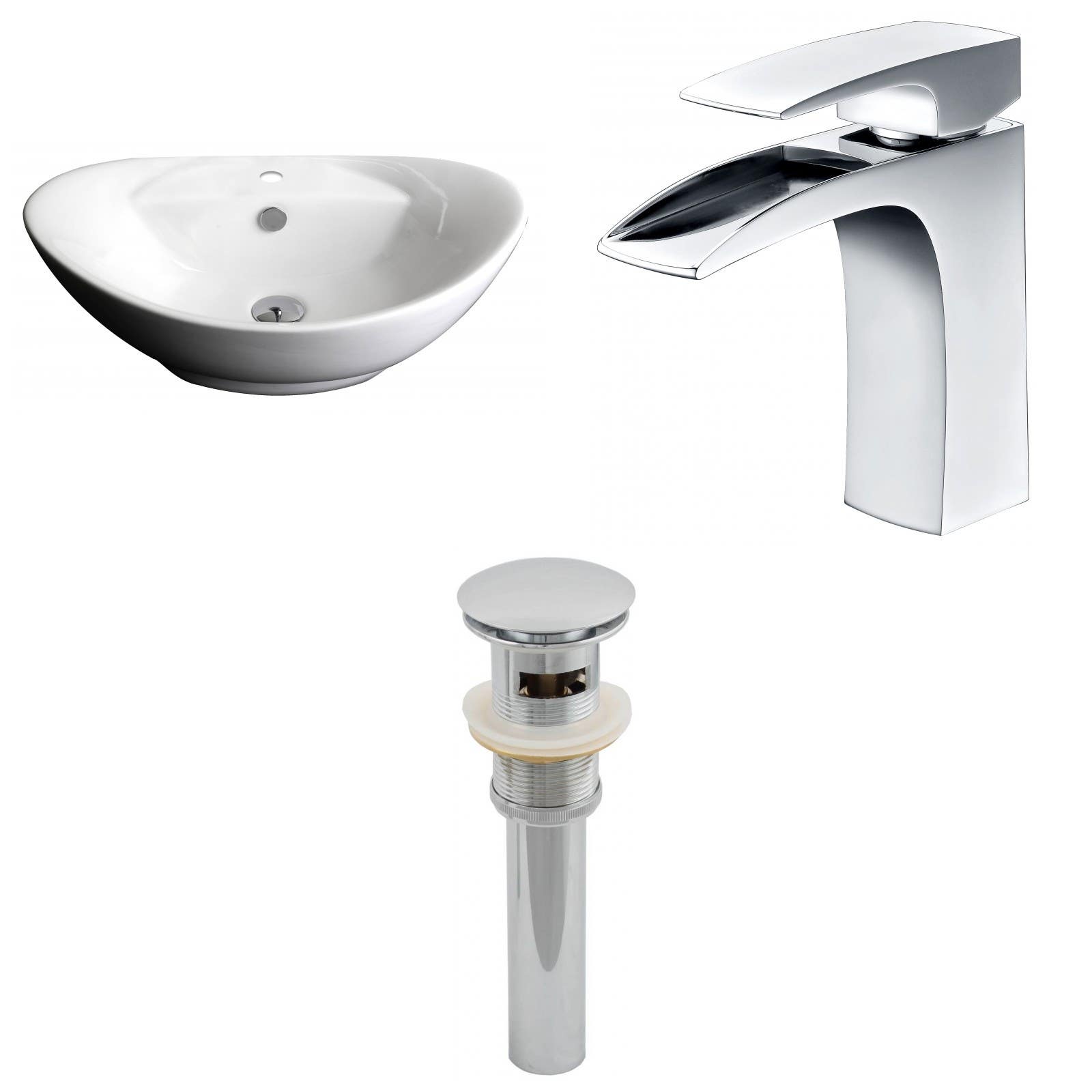 American Imaginations AI-15403 Oval Vessel Set In White Color With Single Hole CUPC Faucet And Drain