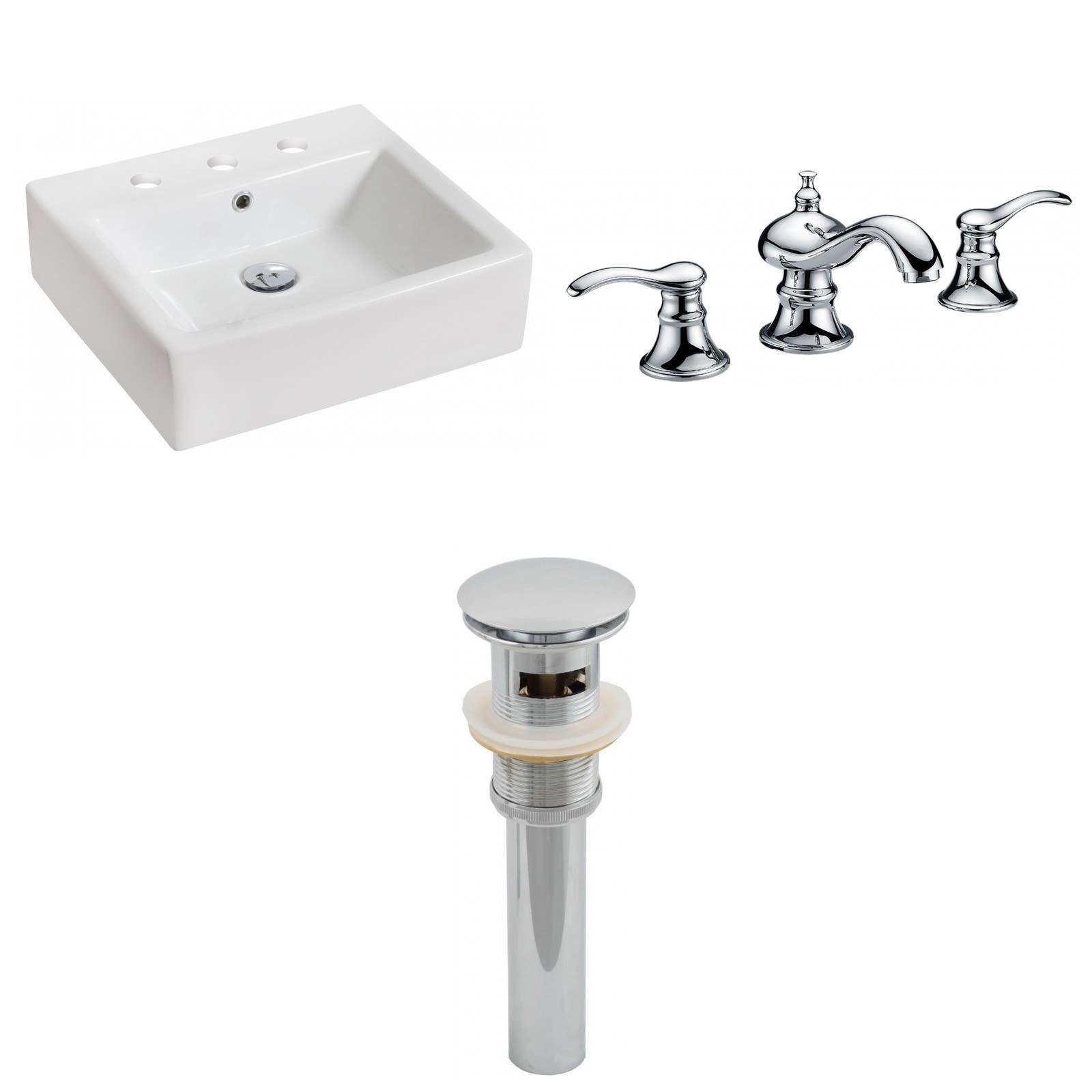 American Imaginations AI-15447 Rectangle Vessel Set In White Color With 8-in. o.c. CUPC Faucet And Drain