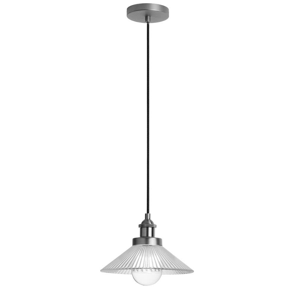 Dainolite 404 One Light Pendant, Satin Chrome, Clear Ribbed Glass