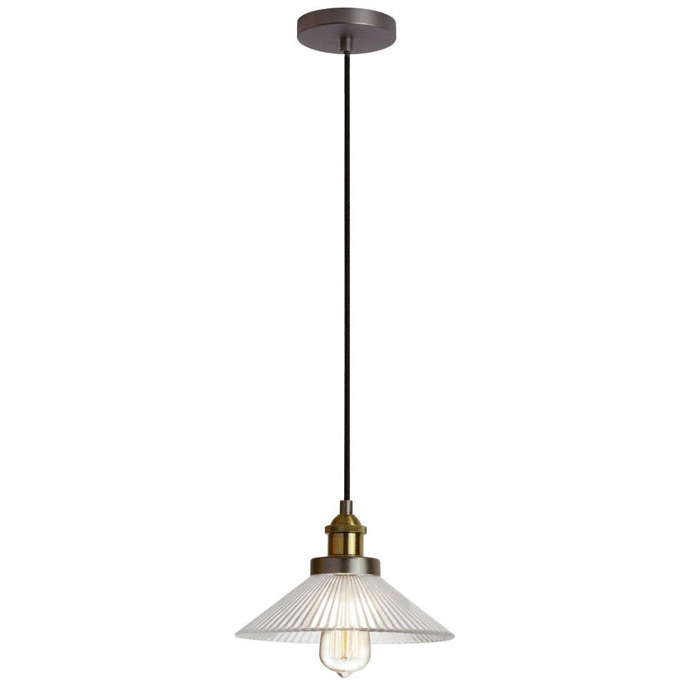 Dainolite 404 Single Pendant, Vintage Steel / Antique Brass, Clear Ribbed Glass