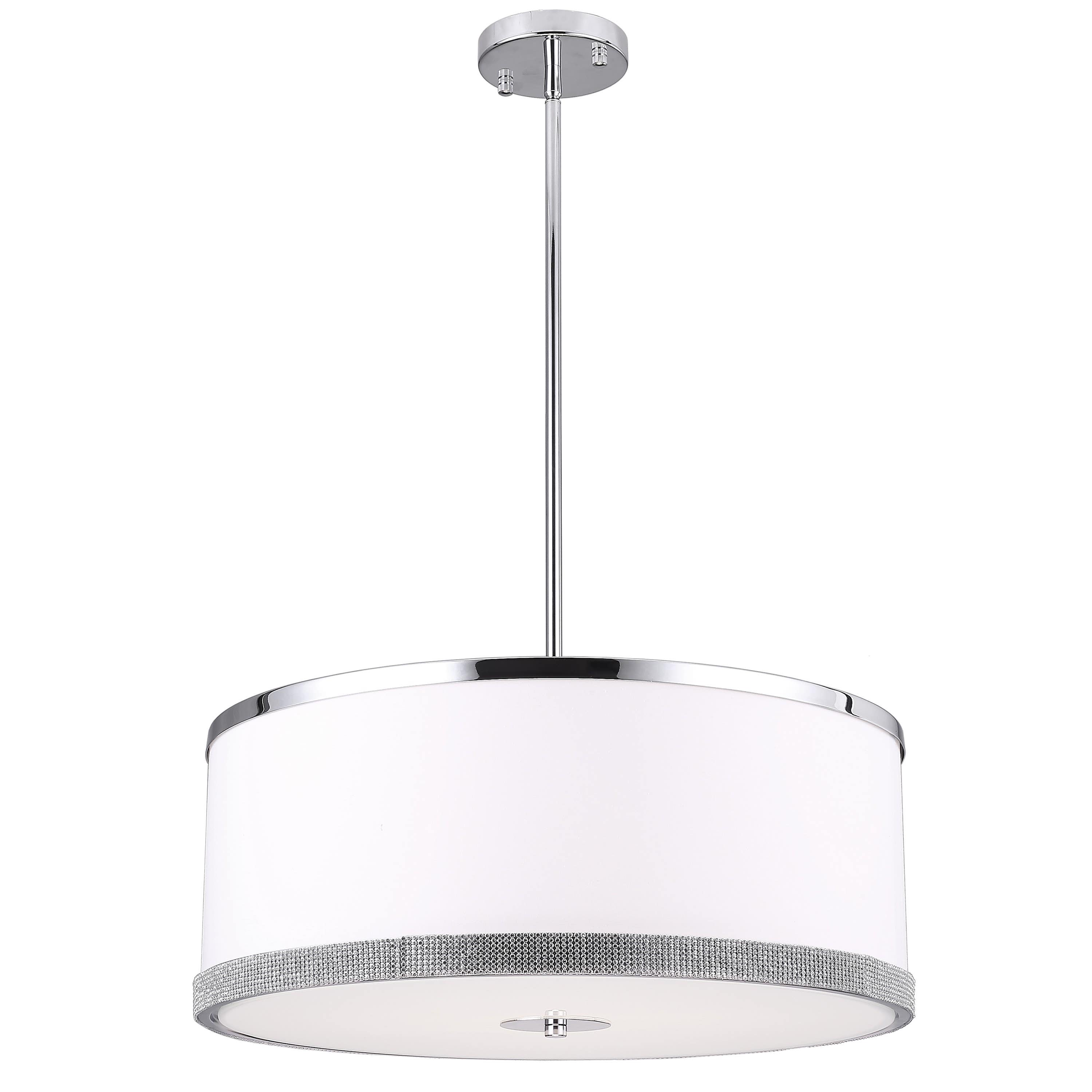 Dainolite DEV 4 Light Pendant, Polished Chrome Finish, White Shade w/ Crystal Studded Band