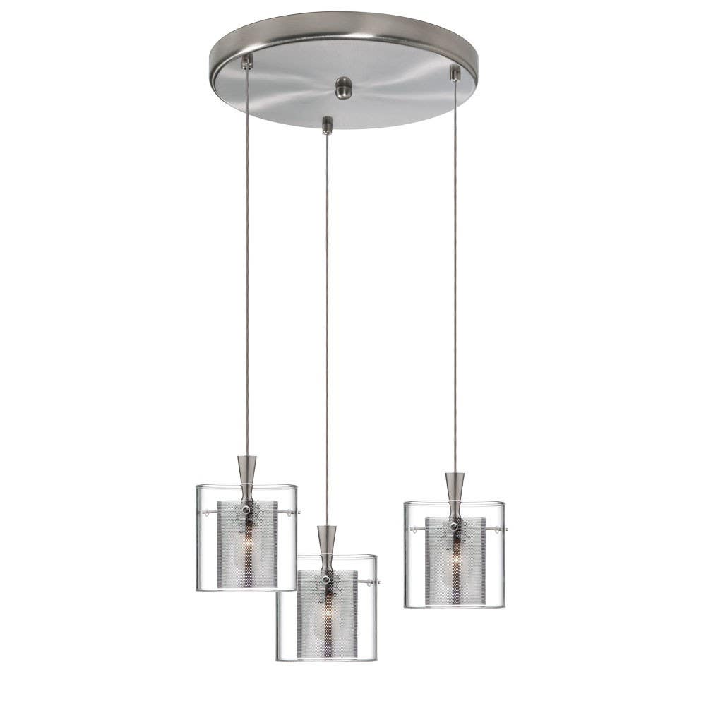 Dainolite DLSL309 3 Light Round Pendant, Satin Chrome, Clear Glass / Chrome Mesh