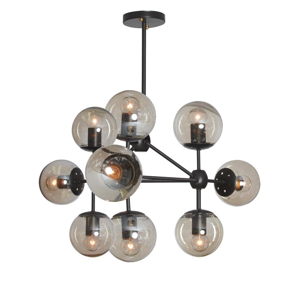 Dainolite DMI 9 Light Triangular Chandelier, Matte Black Finish, Cognac Glass
