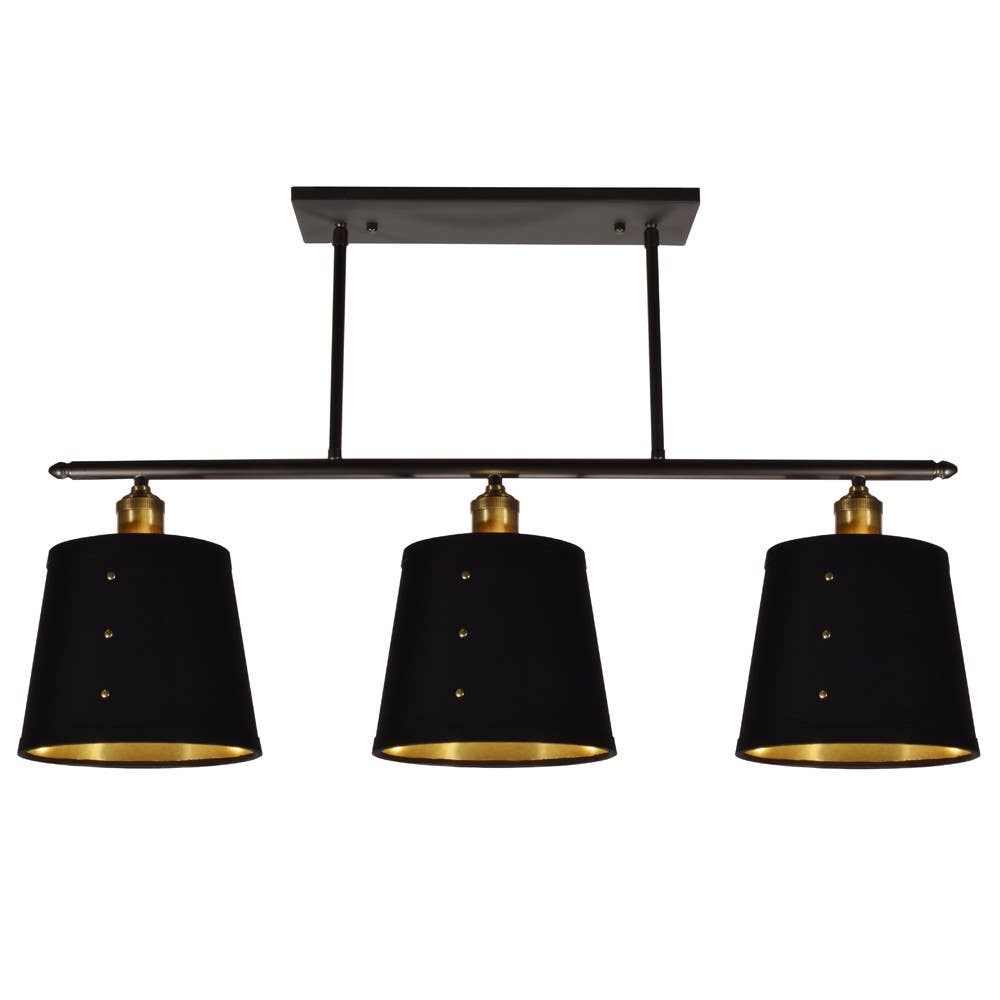Dainolite FAY 3 Light Horizontal Pendant, Tapered Drum Shade w/ Brass Rivets, Vintage Steel Finish, Black on Gold Fabric