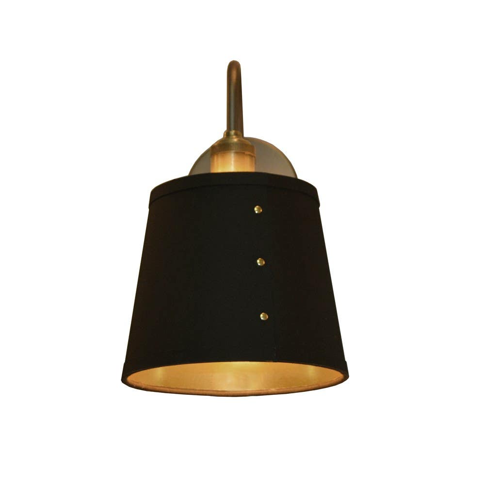 Dainolite FAY 1 Light Pendant, Vintage Steel Finish, Tapered Drum Shade w/ Brass Rivets, Black on Gold Fabric