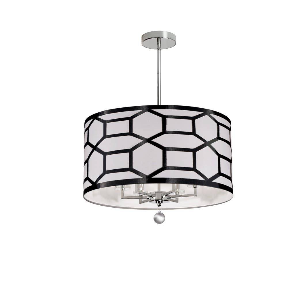 Dainolite PEM-226C 6 Light Chandelier Drum Shade w/ Geometric Laminated Trim, Polished Chrome Finish