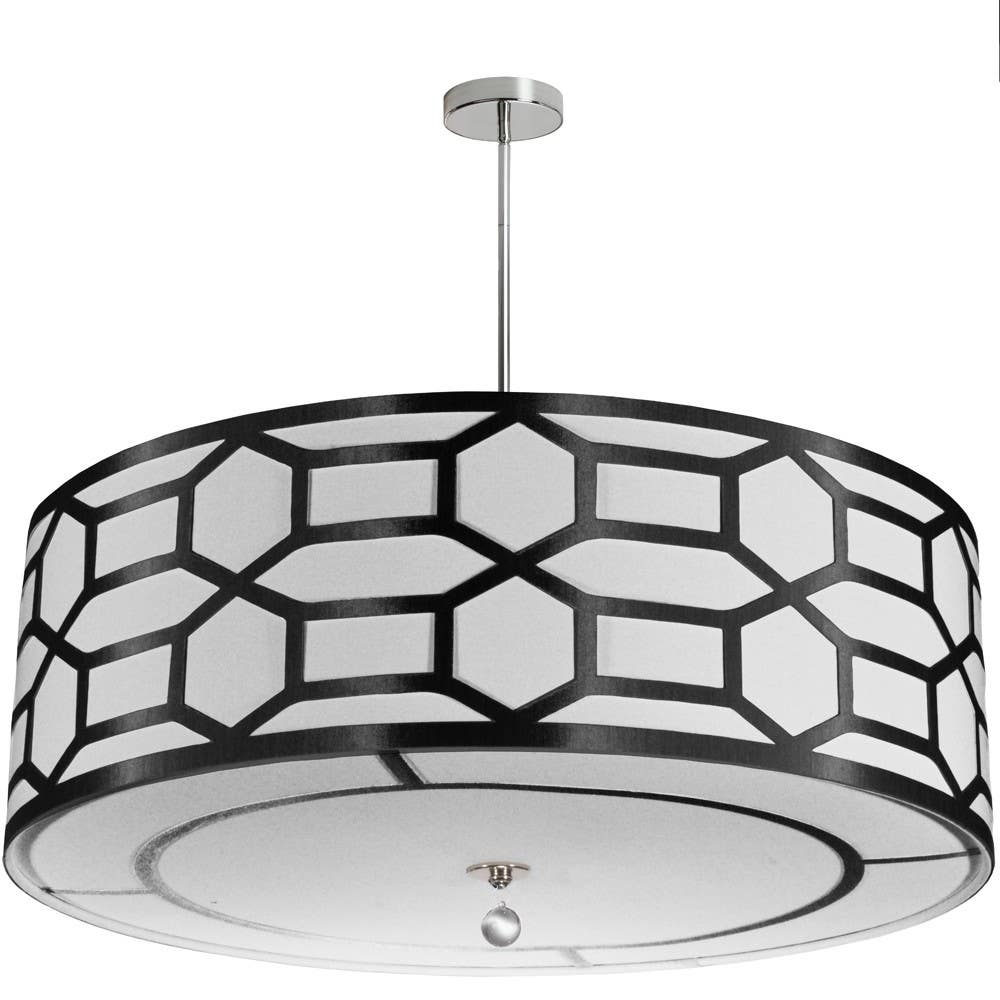 Dainolite PEM 8 Light Pendant Drum Shade w/ Geometric Laminated Trim, Polished Chrome Finish