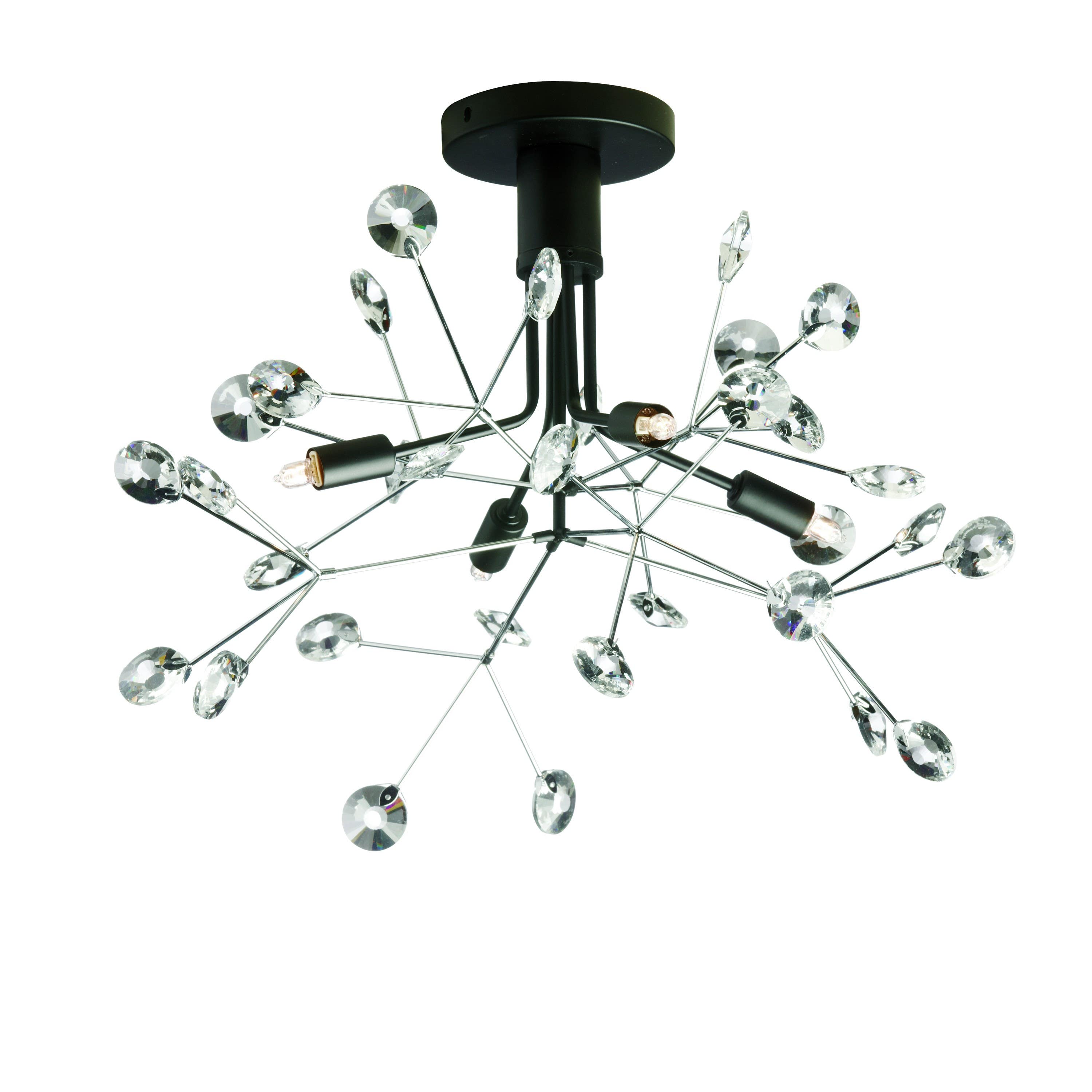Dainolite PRS 4 Light Semi-Flush Mount w/ Crystal Petals, Black Finish & Polished Chrome Arms