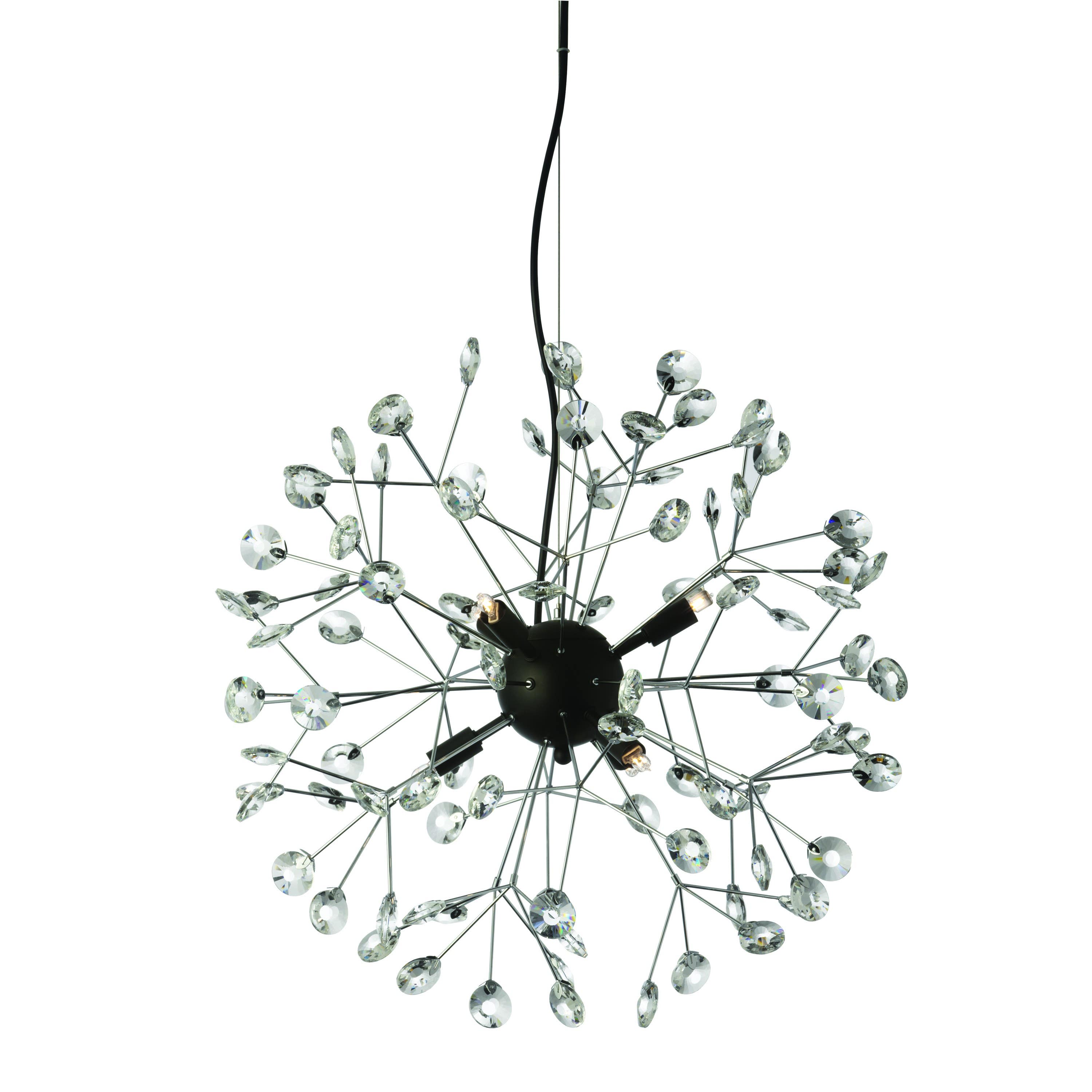 Dainolite PRS-216/236C 6 Light Chandelier w/ Crystal Petals, Black Finish & Polished Chrome Arms