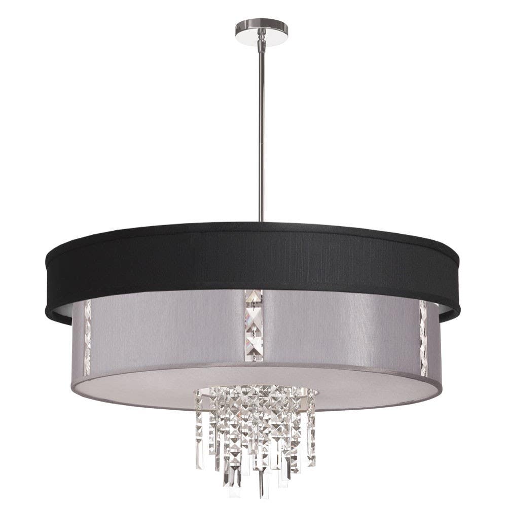 Dainolite RITA 4 Light Pendant w/ Crystal Accents, Polished Chrome Finish, Black / Silver Shade w/ Fabric Diffuser