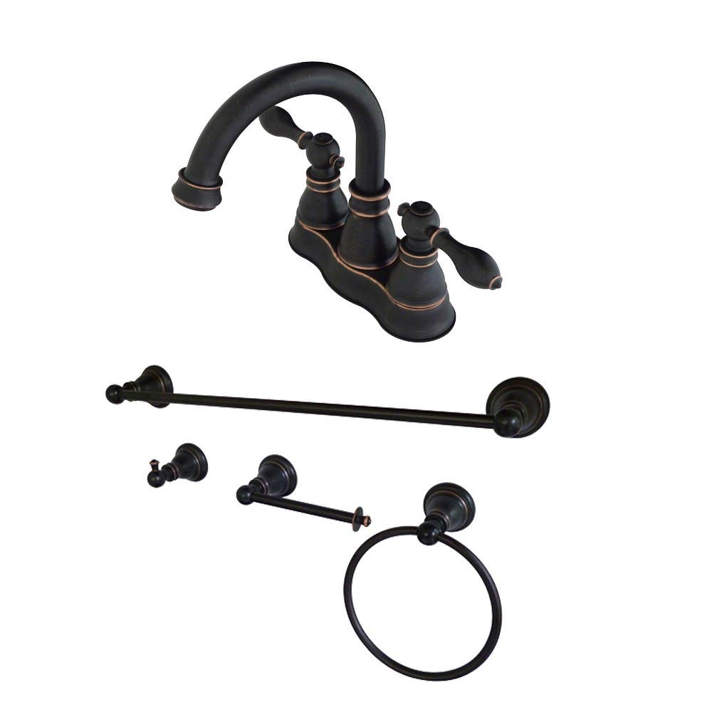 Kingston Brass FSK1616ACL Two-Handle 2-Hole Deck Mount 4" Centerset Bathroom Faucet w/ 4-Piece Bathroom Accessories, Naples Bronze