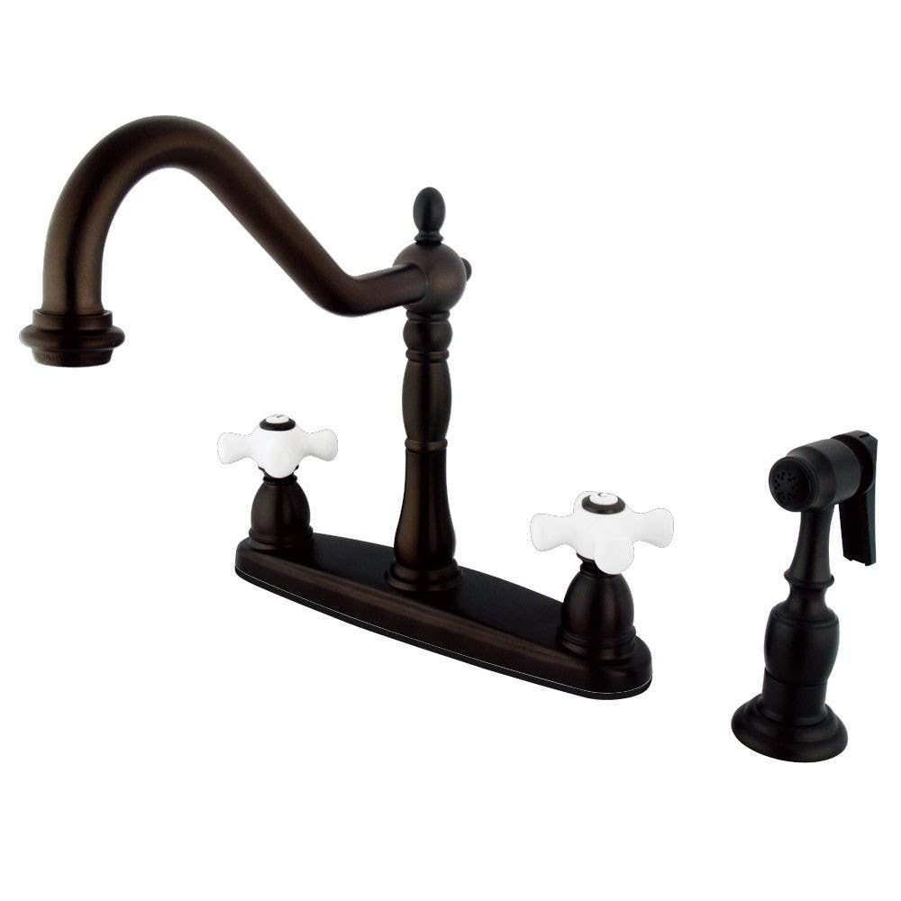 Kingston Brass KB175 Heritage 8" Center Kitchen Faucet w/ Brass Sprayer & porcelain cross handles