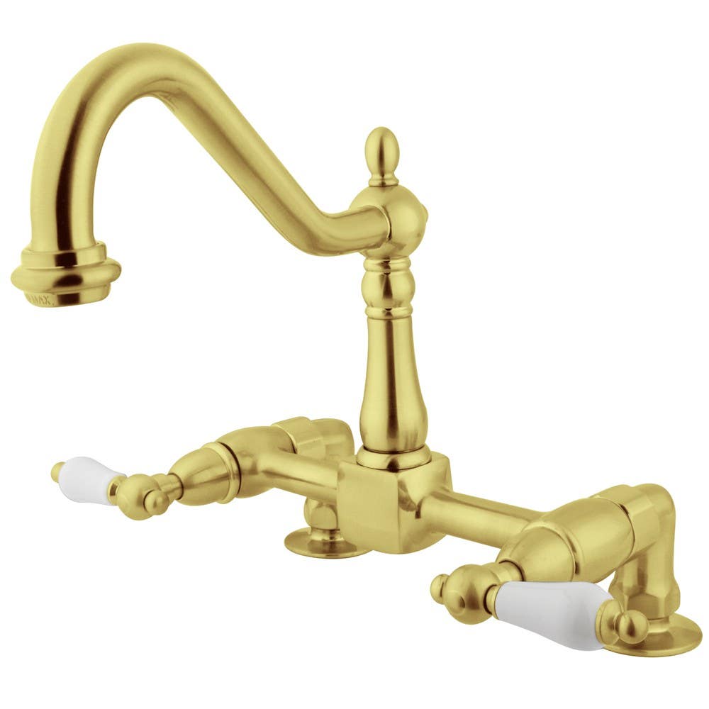 Kingston Brass KS114 Heritage Double Handle 8" Bridge Deck Mount Kitchen Faucet w/ porcelain lever handles