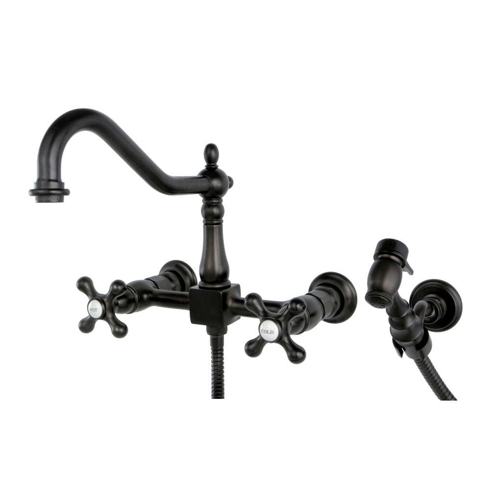 Kingston Brass KS124 Heritage 8" Center Wall Mount Kitchen Faucet w/ Wall Mounted Side Sprayer & cross handles
