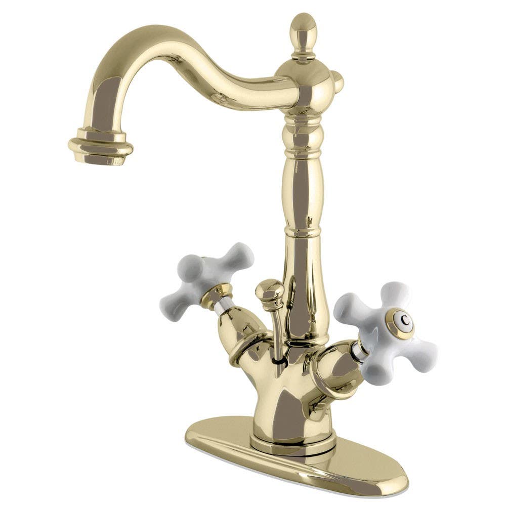 Kingston Brass KS143 Heritage Two Handle Mono Deck Lavatory Faucet w/ Brass Pop-up & porcelain cross handles