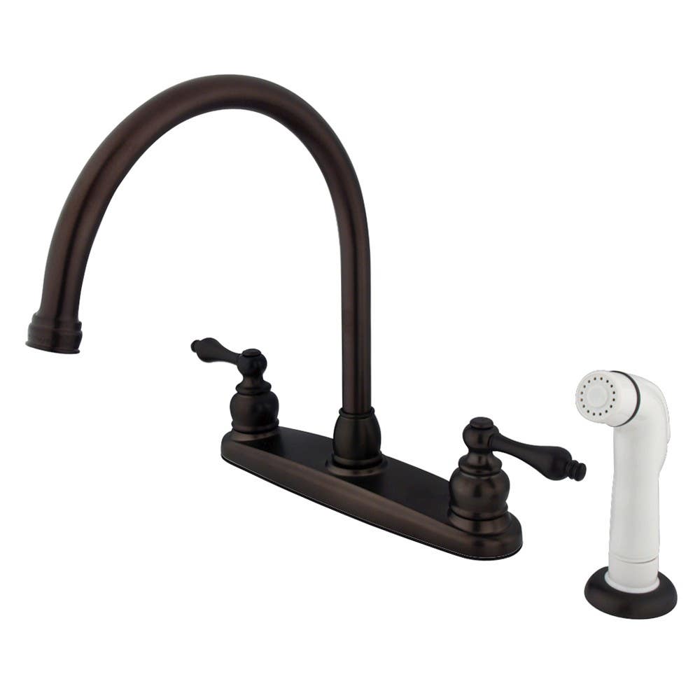 Kingston Brass KB72 Vintage Double Handle Goose Neck Kitchen Faucet w/ White Sprayer & victorian lever