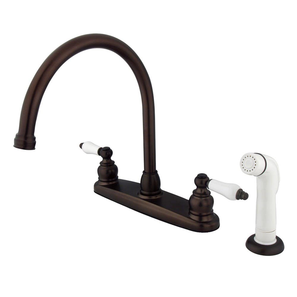 Kingston Brass KB72 Vintage Double Handle Goose Neck Kitchen Faucet w/ White Sprayer & victorian porcelain levers