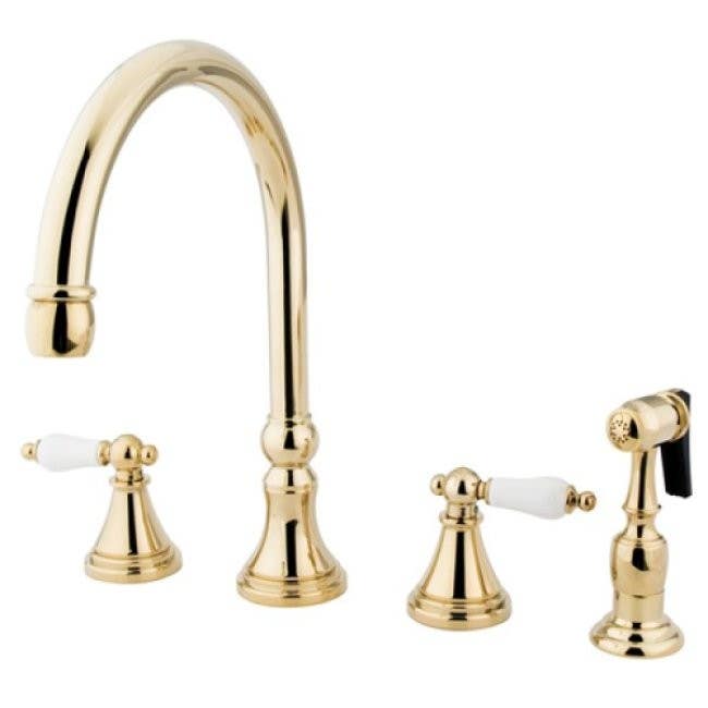 Kingston Brass KS2791PLBS Two-Handle 4-Hole Deck Mount Widespread Kitchen Faucet with Brass Sprayer, Polished Chrome