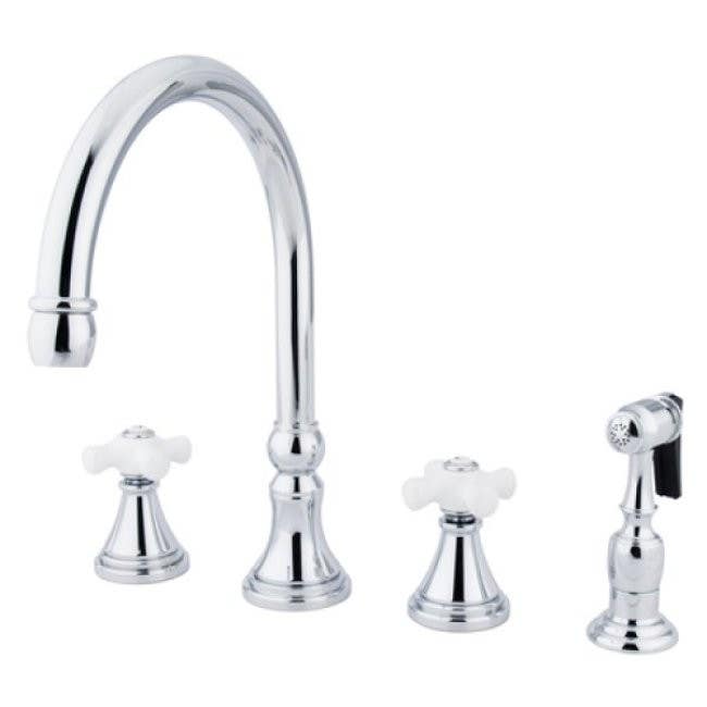 Kingston Brass KS2791PXBS Governor Two-Handle 4-Hole Deck Mount Widespread Kitchen Faucet with Brass Sprayer, Polished Chrome