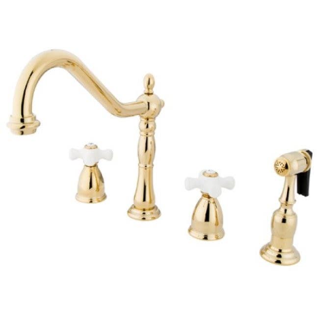 Kingston Brass KB179 Heritage 8" Center Kitchen Faucet w/ Brass Sprayer & porcelain cross handles