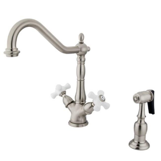 Kingston Brass KS123 Heritage Double Handle Kitchen Faucet w/ Side Sprayer & porcelain cross handles