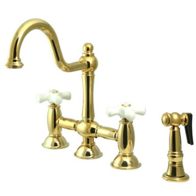 Kingston Brass KS379 Restoration 8" Deck Mount Kitchen Faucet w/ Brass Sprayer & PXBS cross handles