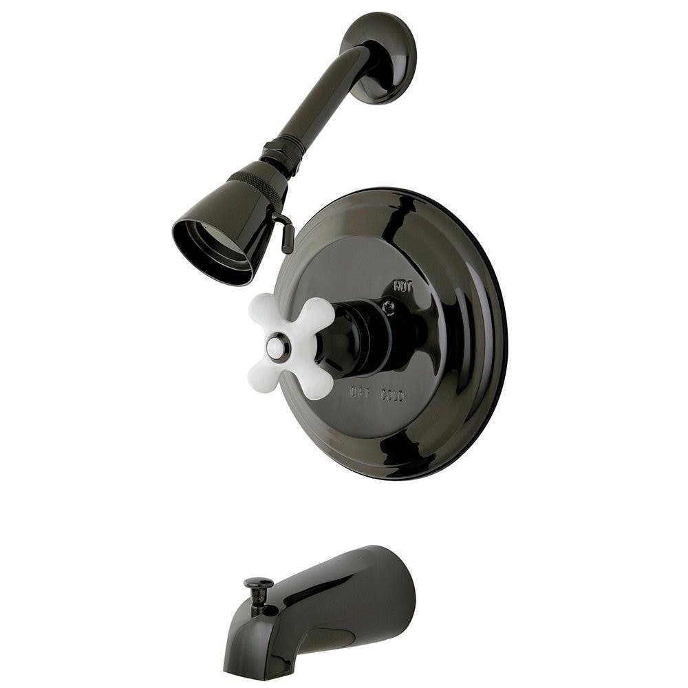 Kingston Brass NB3630PX Water Onyx Pressure Balanced Tub & Shower Faucet w/ Porcelain Cross Handle