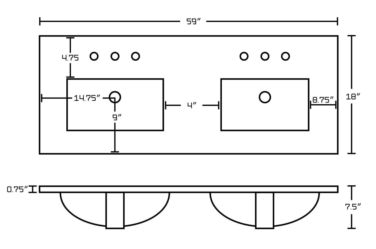 American Imaginations AI-21723 59-in. W 3H8-in. Ceramic Top Set In White Color - Overflow Drain Incl.