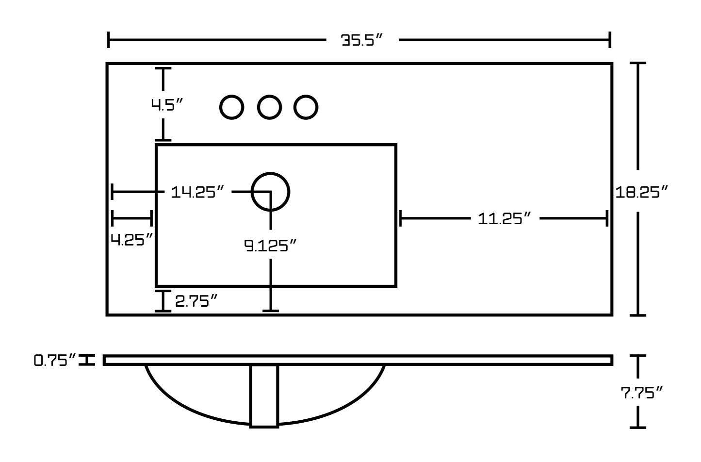 American Imaginations AI-21884 35.5-in. W 3H4-in. Ceramic Top Set In White Color - Overflow Drain Incl.