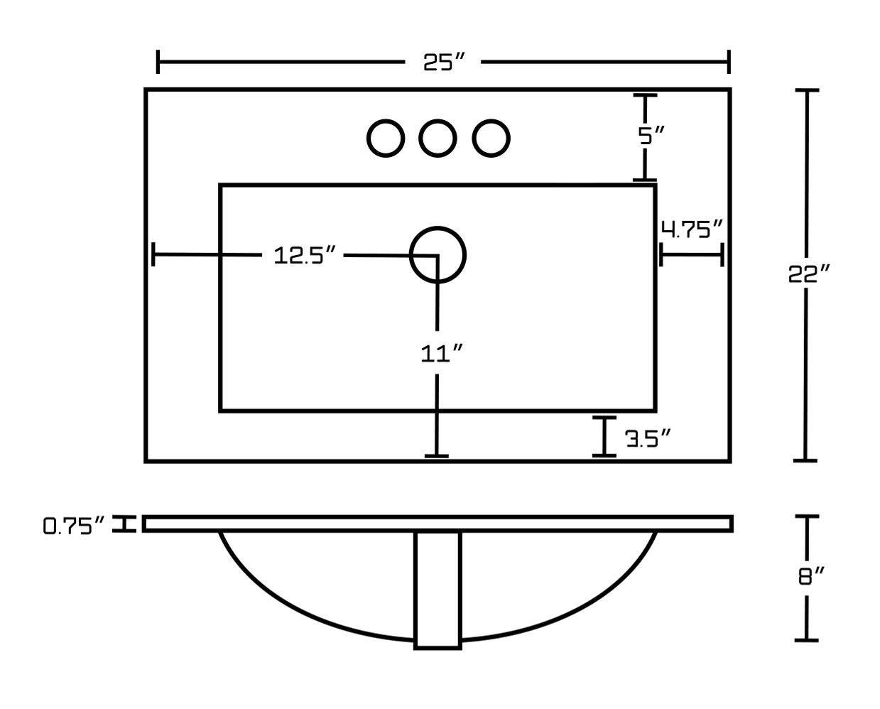 American Imaginations AI-21931 25-in. W 3H4-in. Ceramic Top Set In White Color - Overflow Drain Incl.