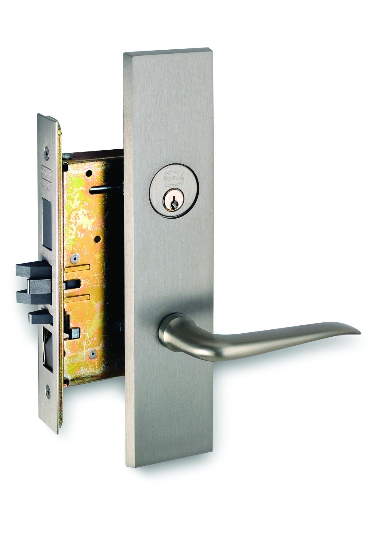 Omnia 12042 Exterior Modern Mortise Entrance Lever Lockset w/ Plate - Solid Brass