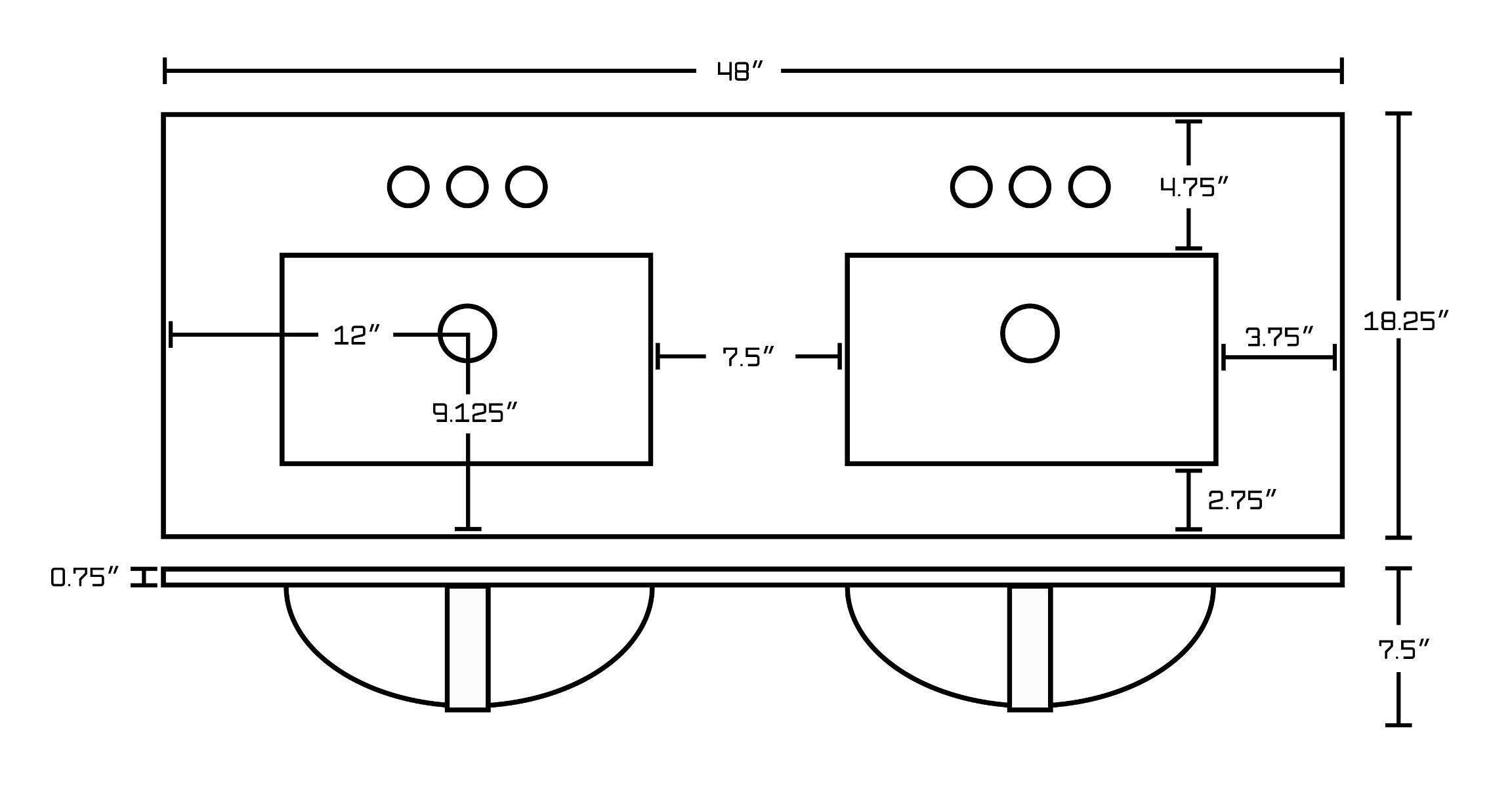 American Imaginations AI-23651 48-in. W 3H4-in. Ceramic Top Set In White Color - Overflow Drain Incl.
