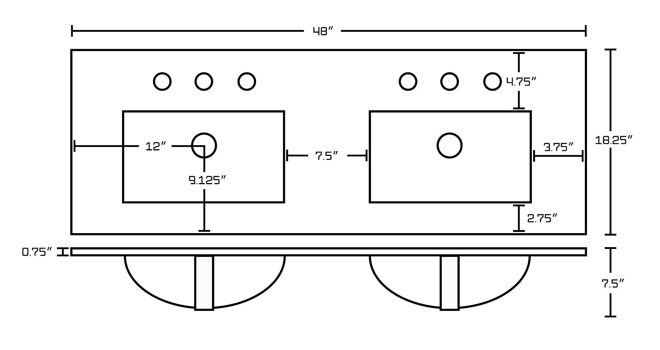 American Imaginations AI-23660 48-in. W 3H8-in. Ceramic Top Set In White Color - Overflow Drain Incl.
