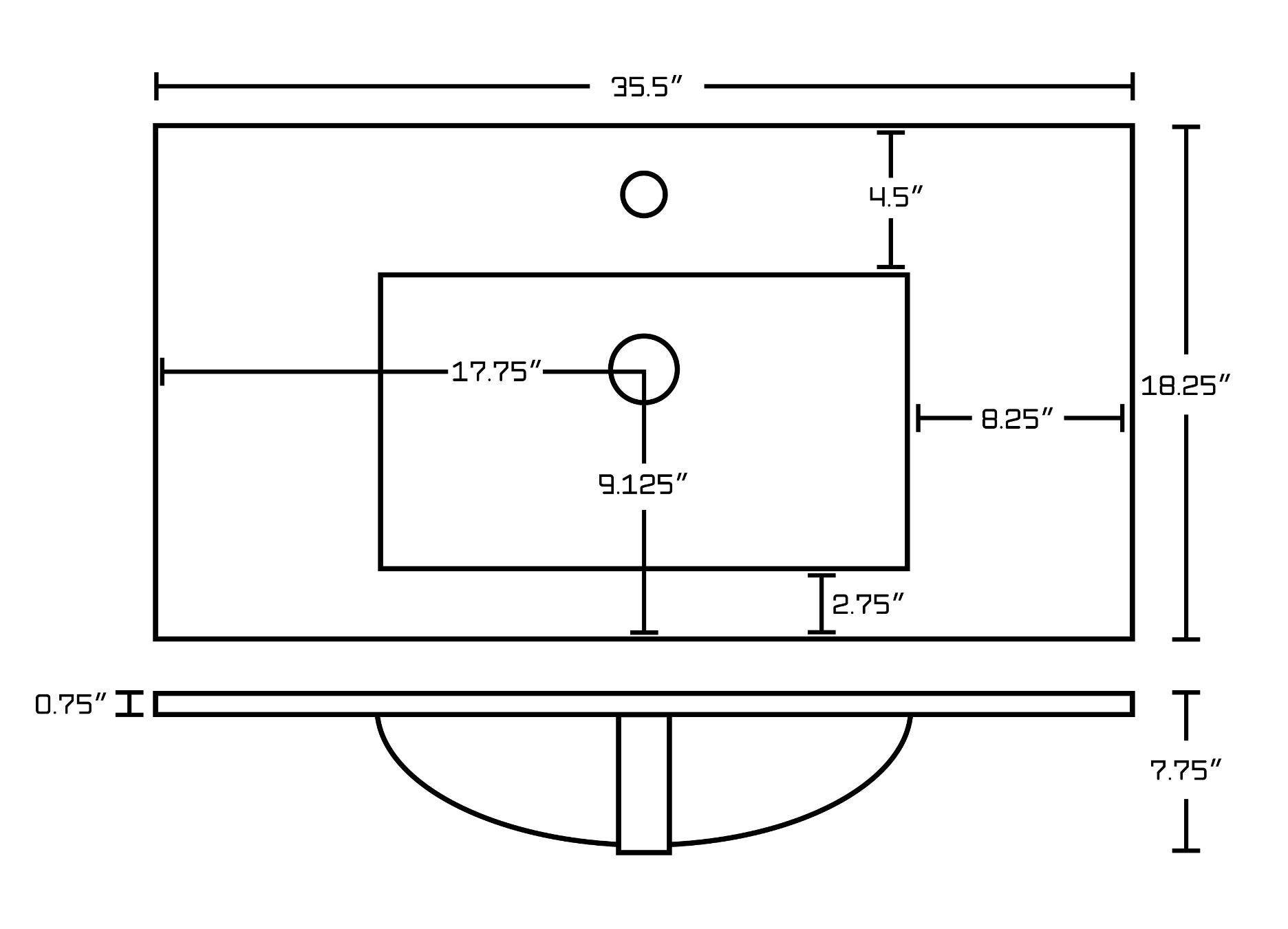 American Imaginations AI-23676 35.5-in. W 1 Hole Ceramic Top Set In White Color - Overflow Drain Incl.