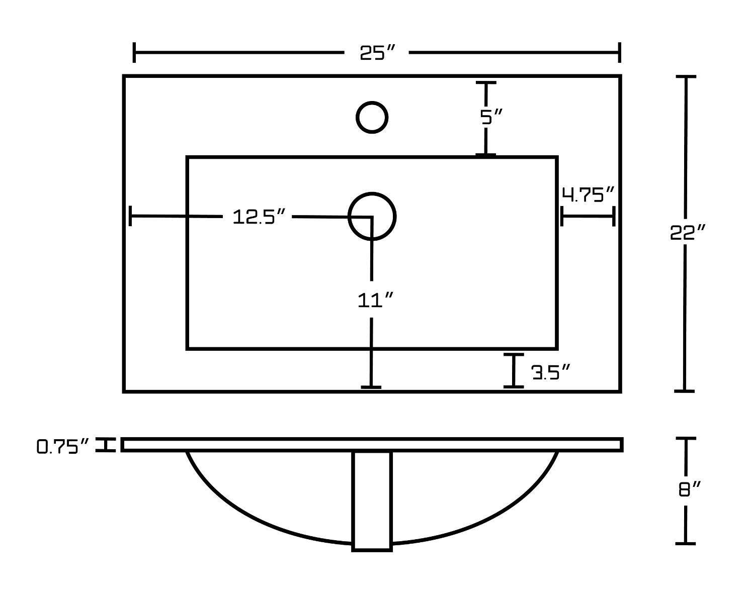 American Imaginations AI-23906 25-in. W 1 Hole Ceramic Top Set In White Color - Overflow Drain Incl.