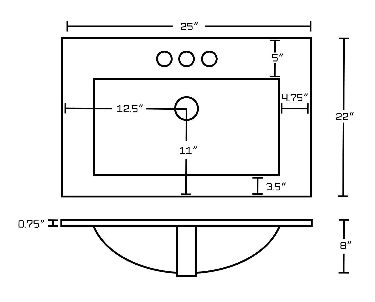American Imaginations AI-23913 25-in. W 3H4-in. Ceramic Top Set In White Color - Overflow Drain Incl.