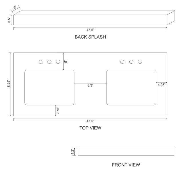 American Imaginations AI-19316 47.5-in. W 18.25-in. D Quartz Top With Backsplash In Bianca Carara Color For 3H8-in. Faucet - Biscuit UM Sink