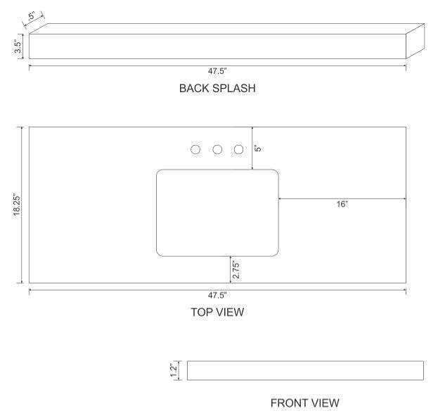 American Imaginations AI-19322 47.5-in. W 18.25-in. D Quartz Top With Backsplash In Bianca Carara Color For 3H8-in. Faucet - Biscuit UM Sink