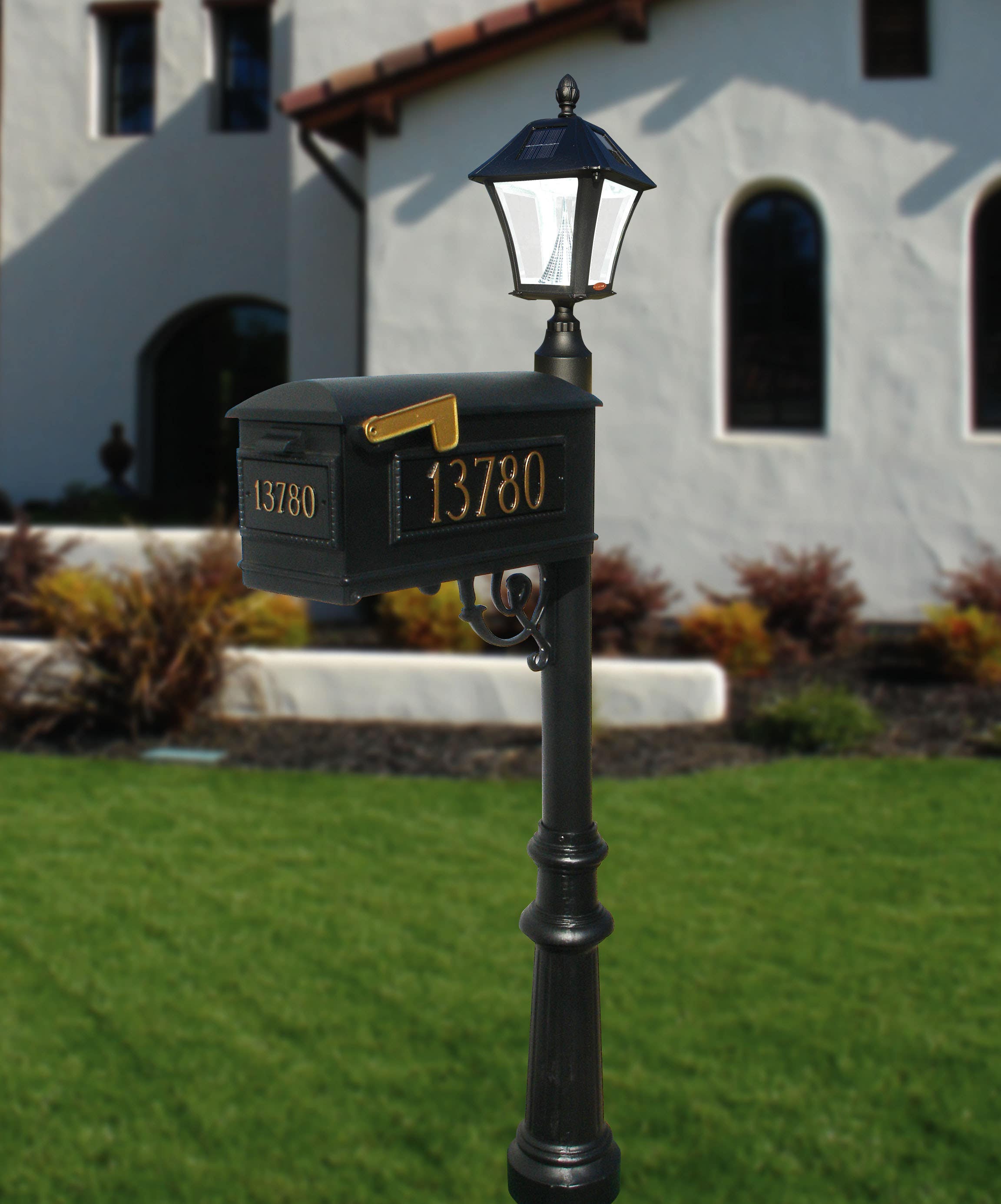 QualArc LMCV Mailbox with Vinyl Numbers, Post and Bayview Solar Lamp