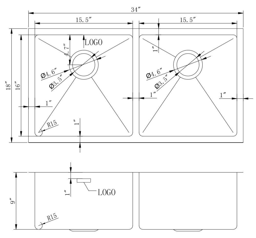 American Imaginations AI-27429/ AI-27430 34-in. W CSA Approved Chrome Kitchen Sink With Stainless Steel Finish And 16 Gauge