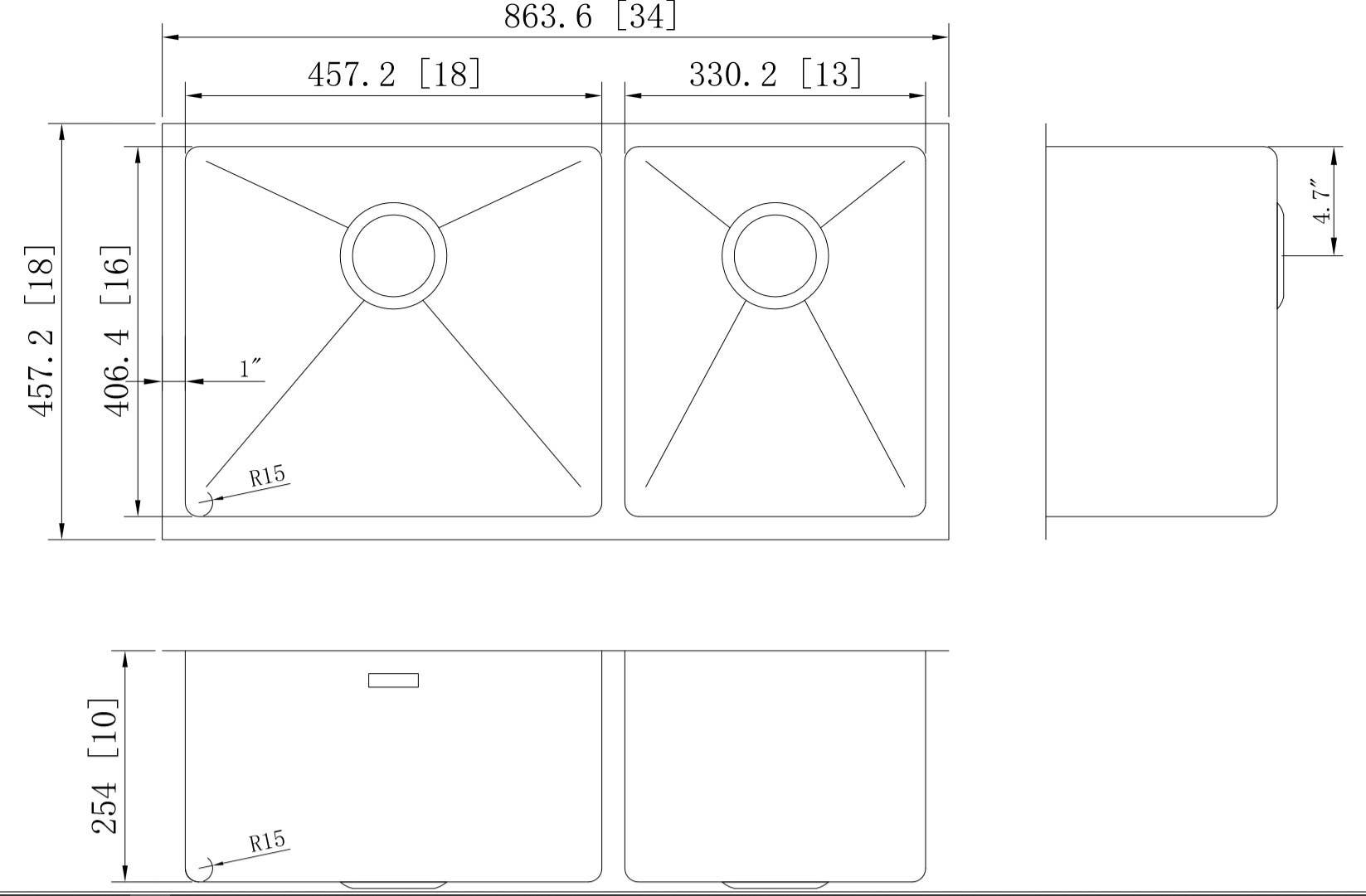 American Imaginations AI-27431/ AI-27432 34-in. W CSA Approved Chrome Kitchen Sink With Stainless Steel Finish And 16 Gauge