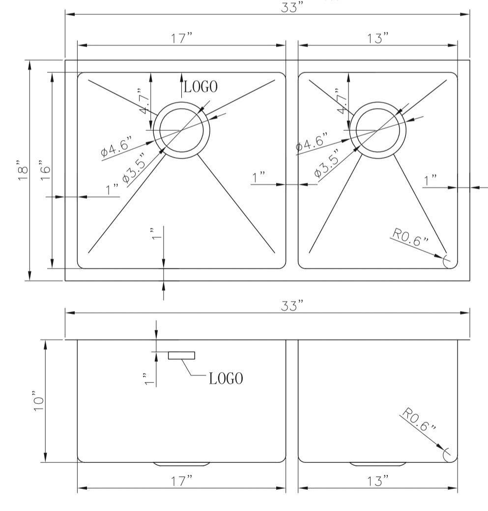 American Imaginations AI-27481/ AI-27482 33-in. W CSA Approved Chrome Kitchen Sink With Stainless Steel Finish And 18 Gauge