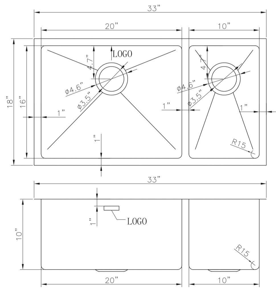 American Imaginations AI-27483/ AI-27484 33-in. W CSA Approved Chrome Kitchen Sink With Stainless Steel Finish And 18 Gauge